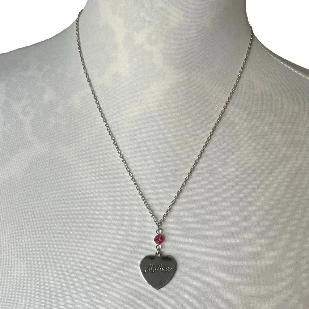 Mother Heart Pendant Necklace w/ Pink Crystal Accent | Gift Ready